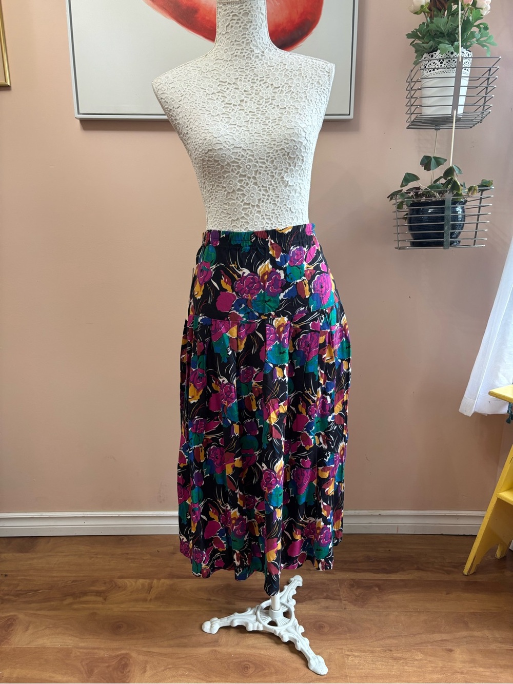 Vintage Black Floral Midi Skirt with Magenta, Teal & Yellow Blooms